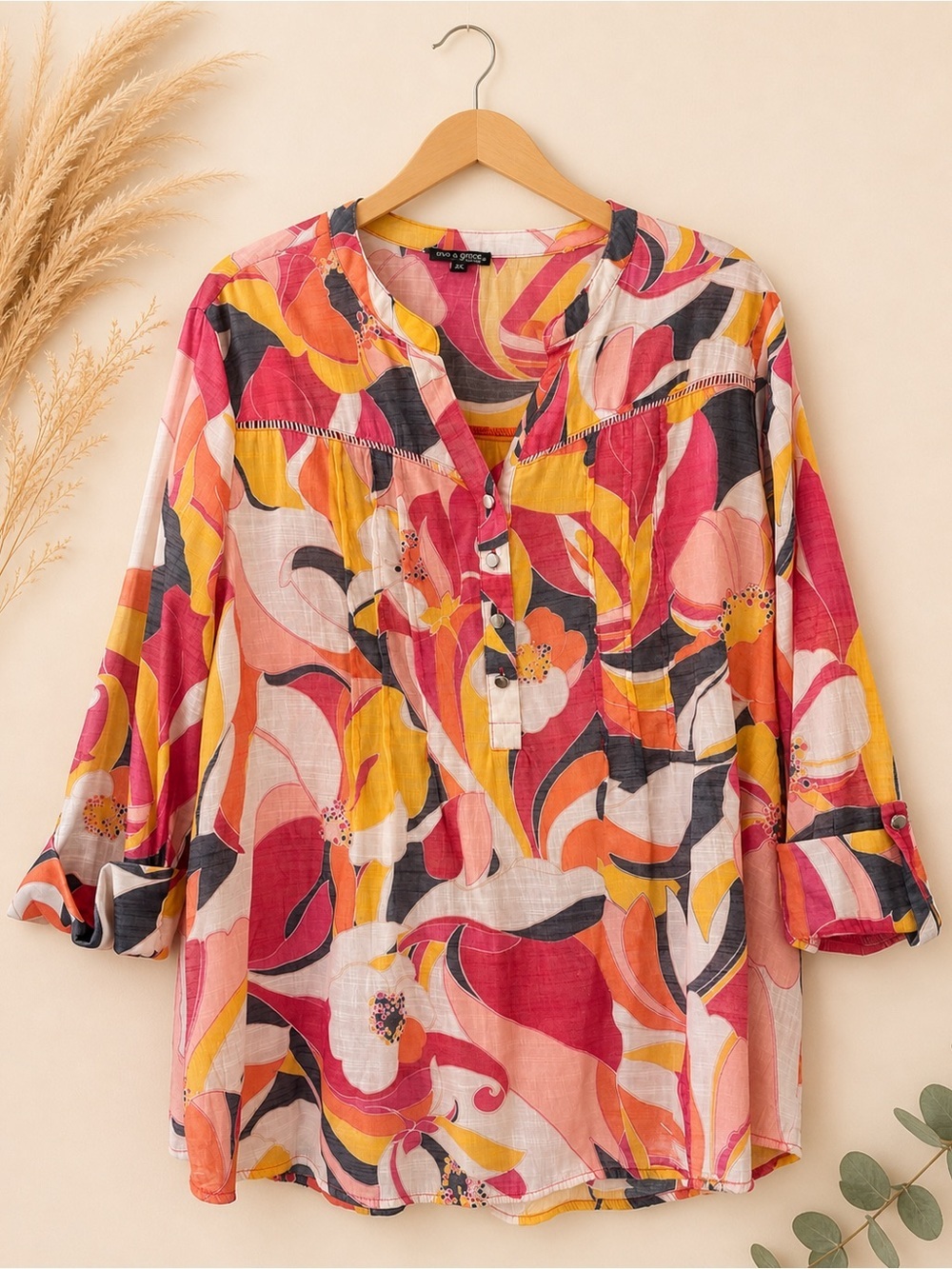 Ava & Grace 2X Bold Floral Blouse Plus Size Boho Flowy Top Bright